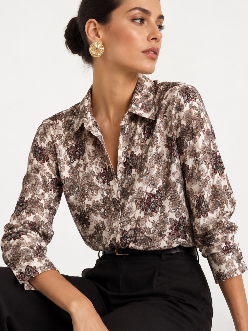 Frame 100% Silk Cream Floral Button-Up Blouse with Brown and Red Paisley